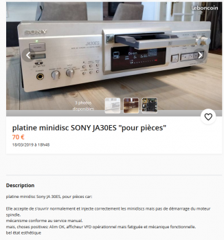 platine minidisc SONY JA30ES &quot;pour pièces&quot; 70 €